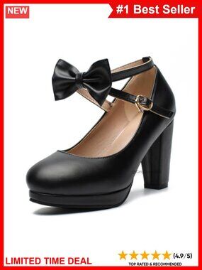 Mary Jane Heels Chunky Platform Pumps Bow Ankle Strap Round Toe Block Heel